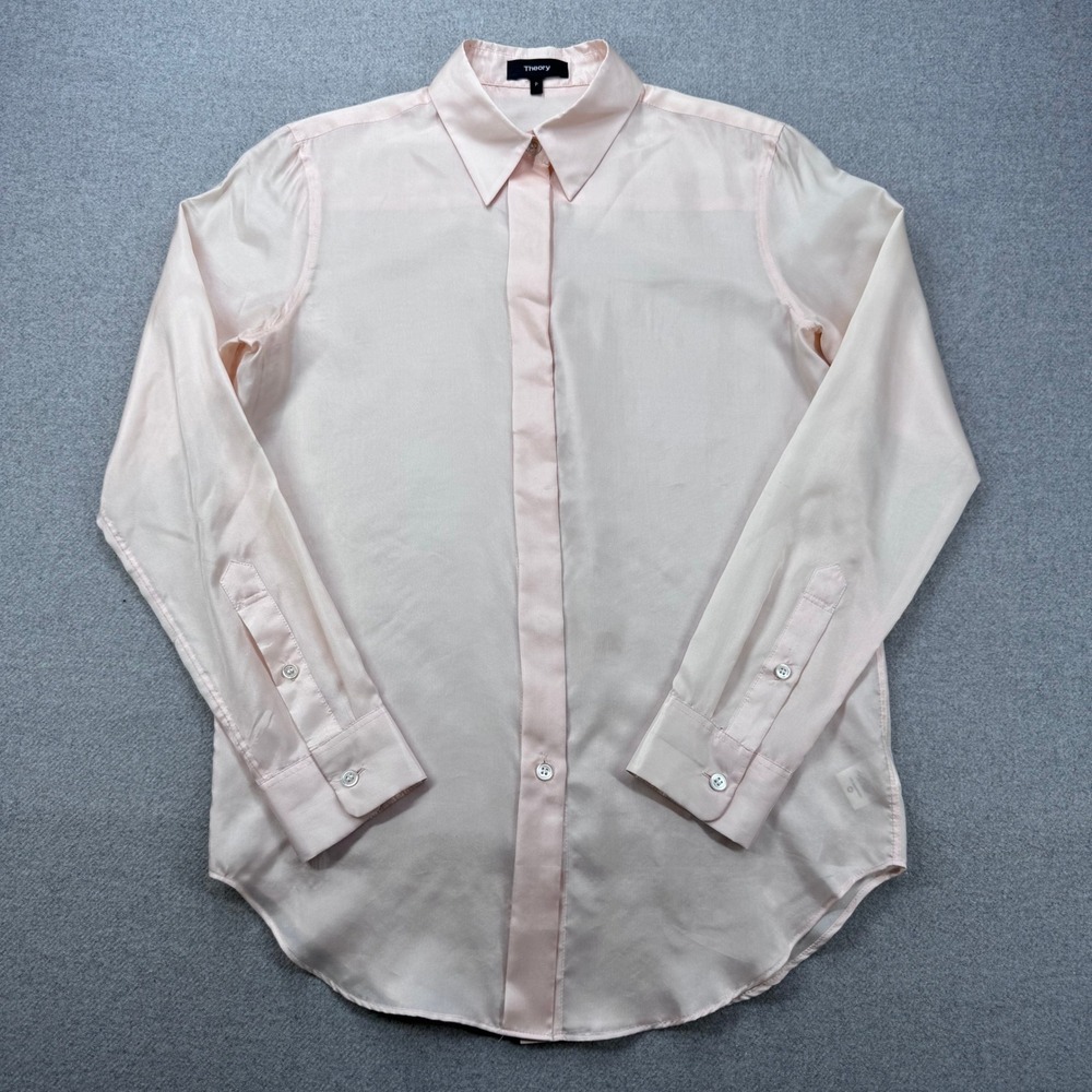 Theory Essential Buttondown Sleek 100% Silk Shirt Habotai Blush Pink Size P - Picture 1 of 11